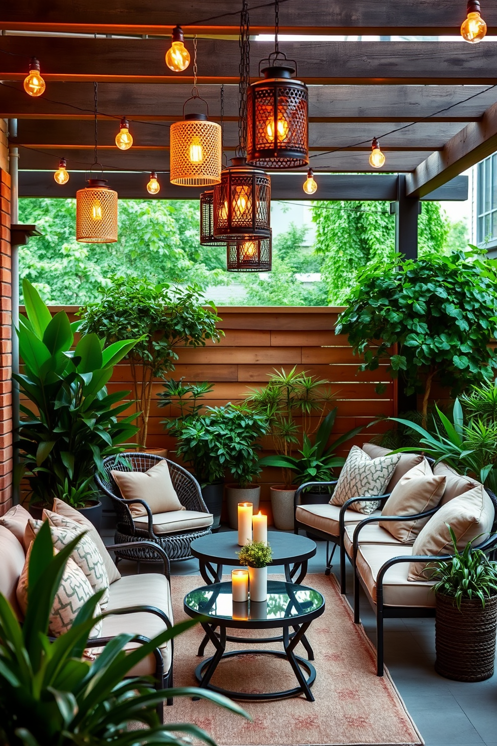 Create a stylish apartment patio designed for relaxation and entertainment. Incorporate decorative lanterns hanging from the ceiling and placed on tables to create a warm and inviting ambiance. Use comfortable outdoor furniture with plush cushions in neutral tones. Surround the space with lush greenery and potted plants to enhance the natural atmosphere.