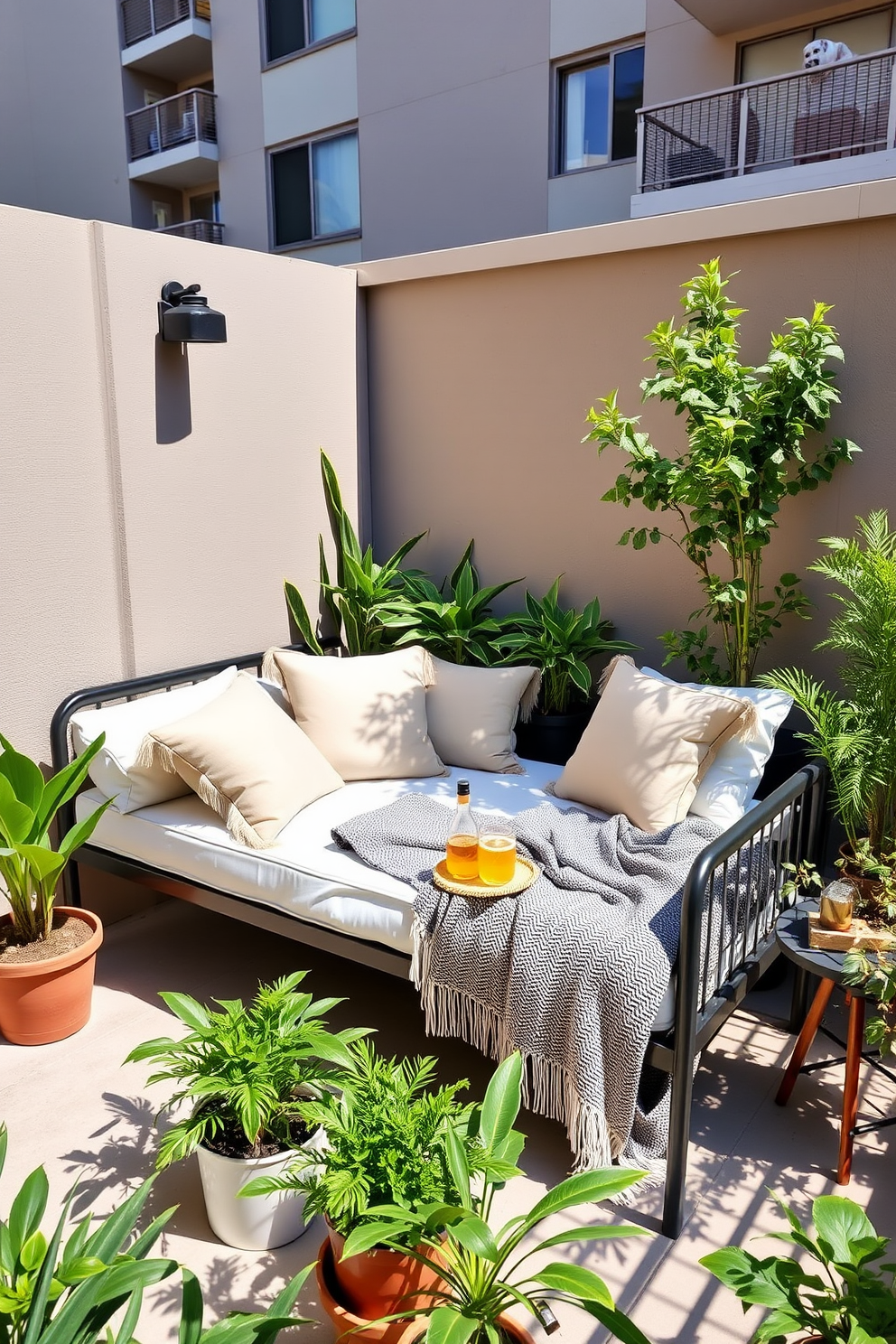 A stylish apartment patio designed for relaxation features a comfortable daybed adorned with plush cushions and a soft throw blanket. Surrounding the daybed, potted plants add greenery, while a small side table holds refreshing beverages, creating an inviting atmosphere for lounging.