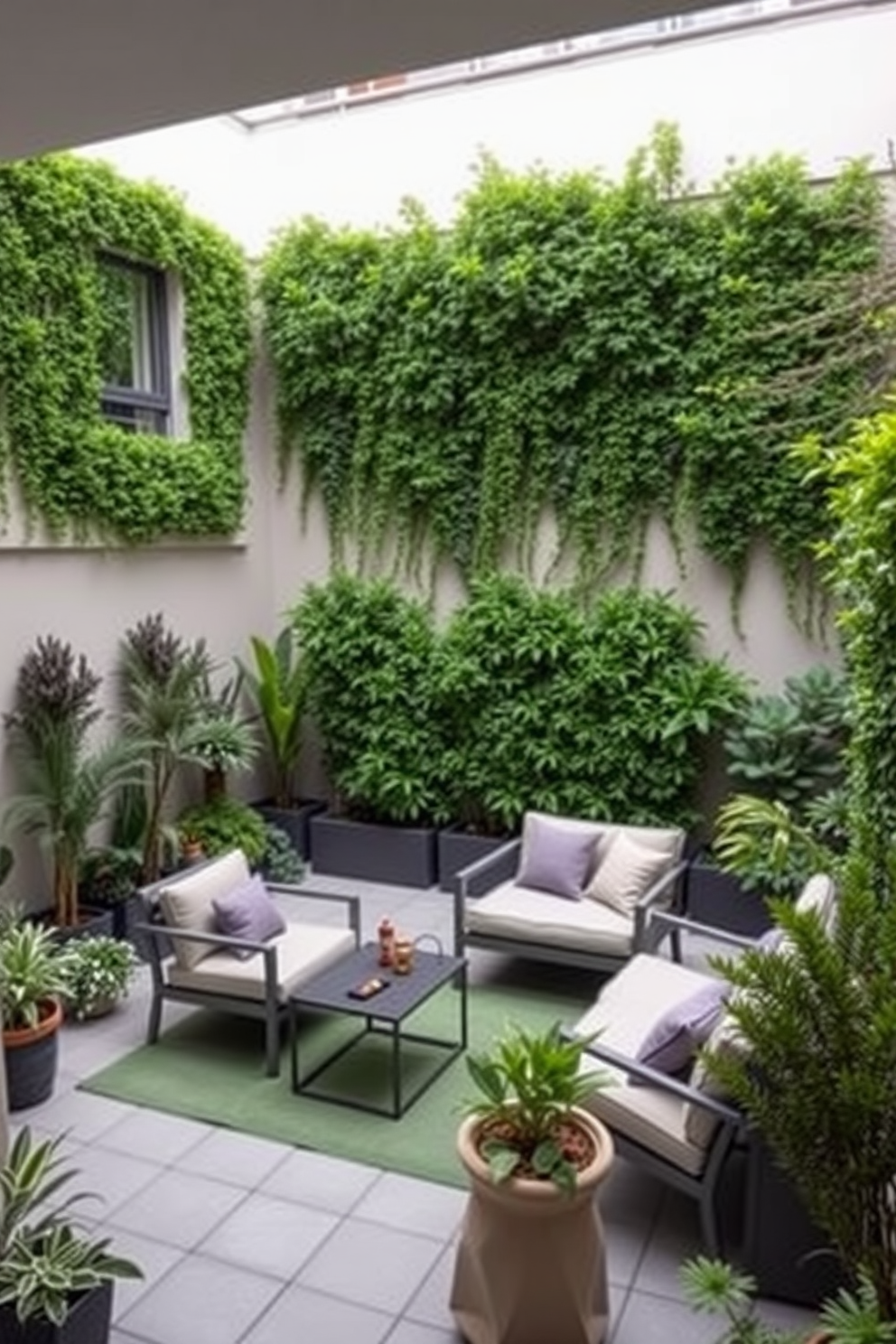 A modern apartment patio featuring lush vertical gardens that create a vibrant green backdrop. The space is adorned with stylish outdoor furniture, including a cozy seating area and a small table for entertaining.