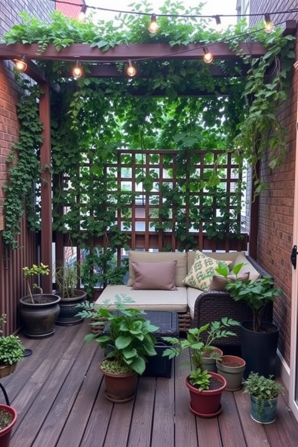 A cozy apartment patio featuring a wooden deck with a comfortable seating area. A trellis adorned with climbing plants creates a lush green backdrop, providing privacy and shade. The patio is decorated with potted plants in various sizes, adding color and vibrancy. Soft outdoor lighting is strung overhead, creating an inviting atmosphere for evening relaxation.