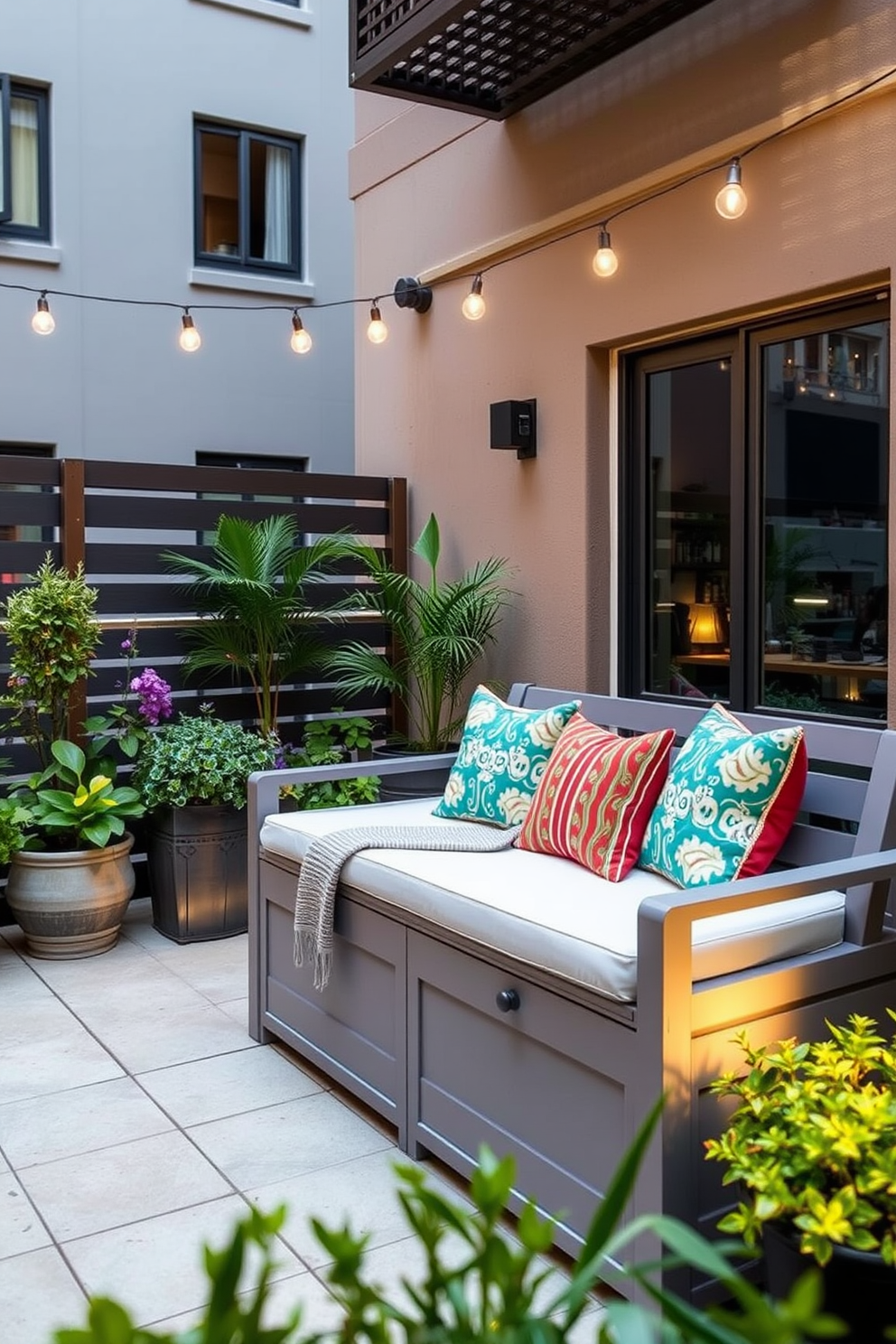 A stylish apartment patio featuring a weatherproof storage bench that blends seamlessly with the outdoor aesthetic. The bench is adorned with plush cushions in vibrant colors, surrounded by potted plants and ambient lighting for a cozy atmosphere.