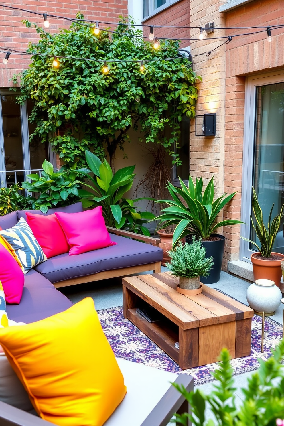 A cozy apartment patio designed for relaxation and entertainment. Bright cushions in vibrant colors are scattered across a stylish outdoor sofa, complemented by a sleek coffee table made of reclaimed wood. Lush green plants in decorative pots add a touch of nature to the space. Soft string lights are hung overhead to create a warm and inviting atmosphere during the evening.