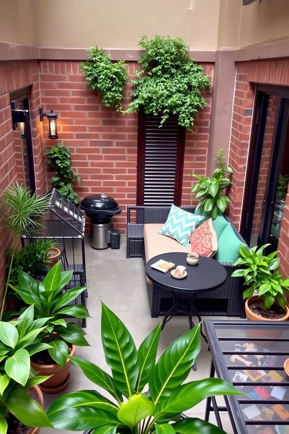 A cozy apartment patio featuring a small grill for cooking. The space is adorned with comfortable seating, including a stylish outdoor sofa and vibrant cushions, creating an inviting atmosphere for gatherings. Lush potted plants surround the patio, adding greenery and a touch of nature. A small dining table is set up nearby, perfect for enjoying meals outdoors while enjoying the fresh air.