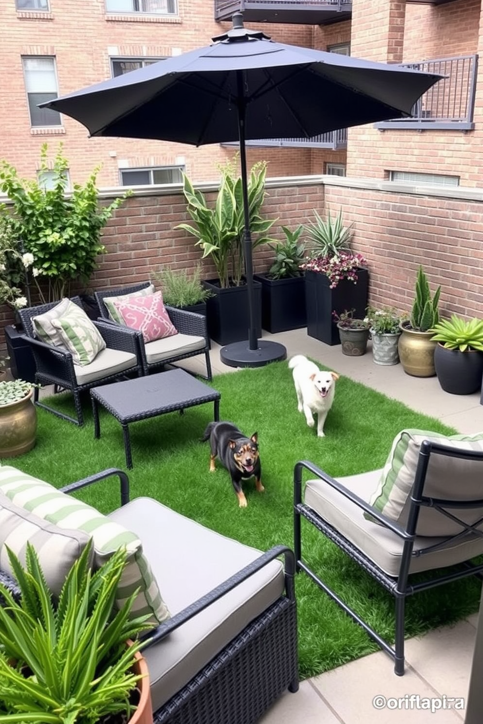 Create a pet-friendly apartment patio that features a lush grass area for pets to play. Incorporate comfortable seating with weather-resistant cushions and a small table for outdoor dining. Add decorative planters filled with pet-safe plants to enhance the space while ensuring safety. Include a shaded area with a stylish umbrella to provide comfort during sunny days.