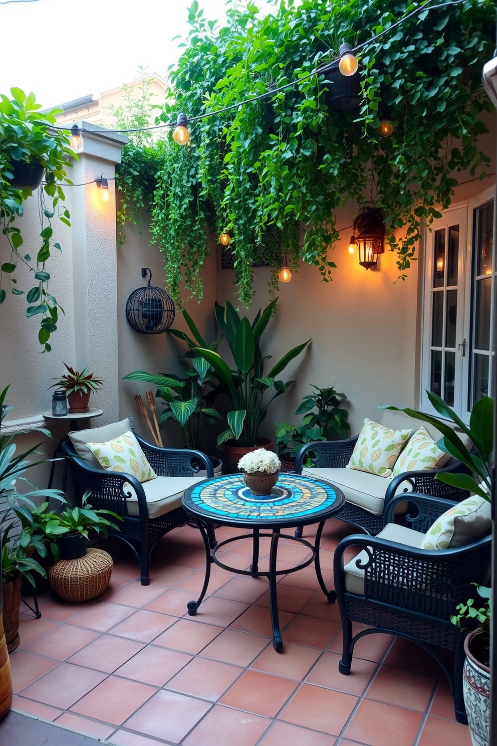 A cozy apartment patio featuring a mosaic table at the center surrounded by comfortable seating. Lush potted plants and hanging greenery create a vibrant atmosphere while string lights add a warm glow in the evening.