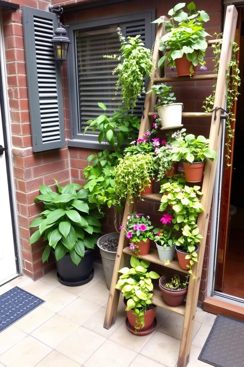 A charming apartment patio featuring a vintage wooden ladder repurposed as a plant display. The ladder is adorned with a variety of vibrant potted plants cascading down the rungs, creating a lush and inviting atmosphere.