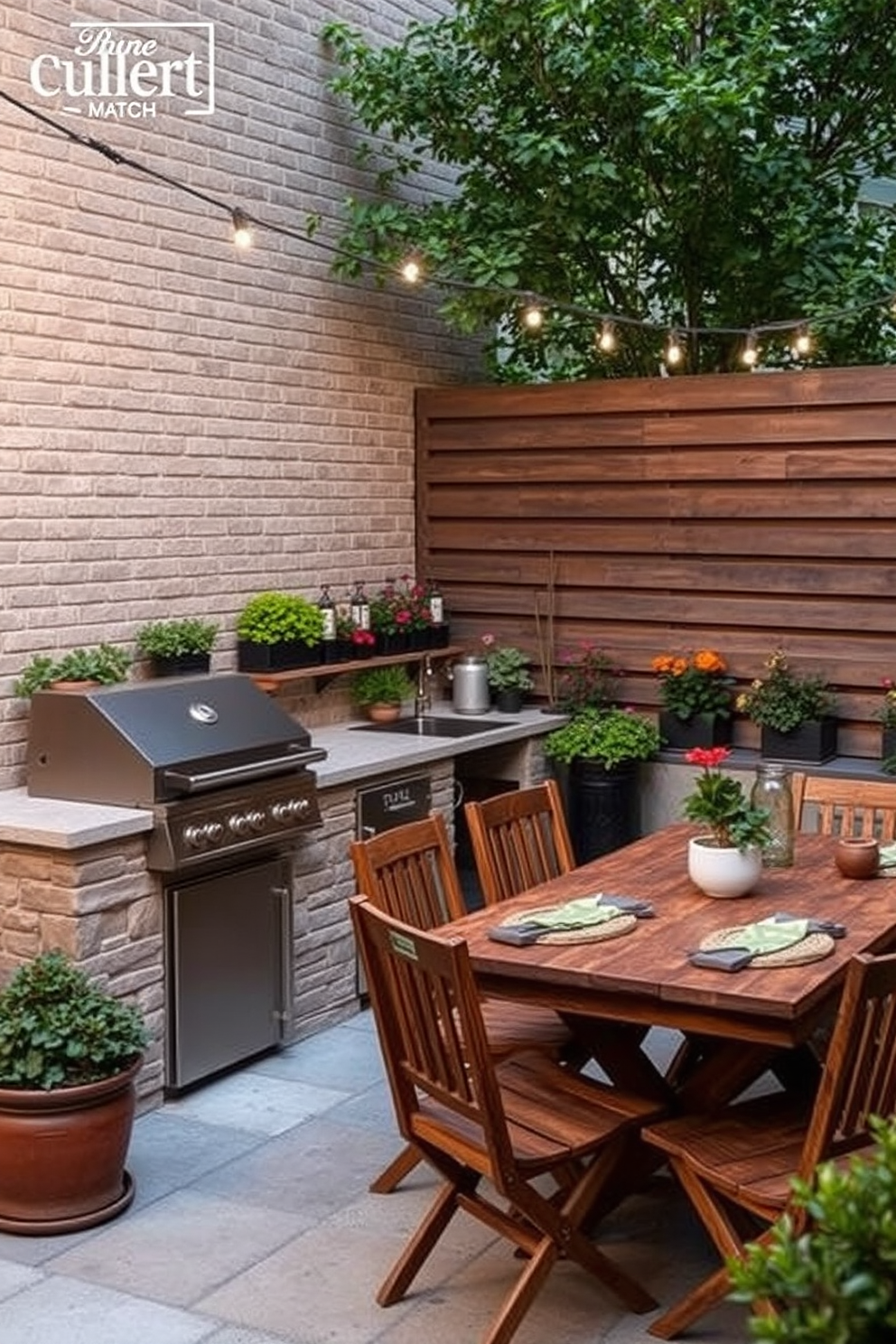 A charming outdoor kitchen area designed for an apartment patio. It features a sleek built-in grill, a small sink, and a countertop made of natural stone, surrounded by potted herbs and colorful flowers. The dining space includes a rustic wooden table with comfortable chairs, ideal for al fresco dining. Soft string lights are hung above, creating a warm and inviting atmosphere for evening gatherings.