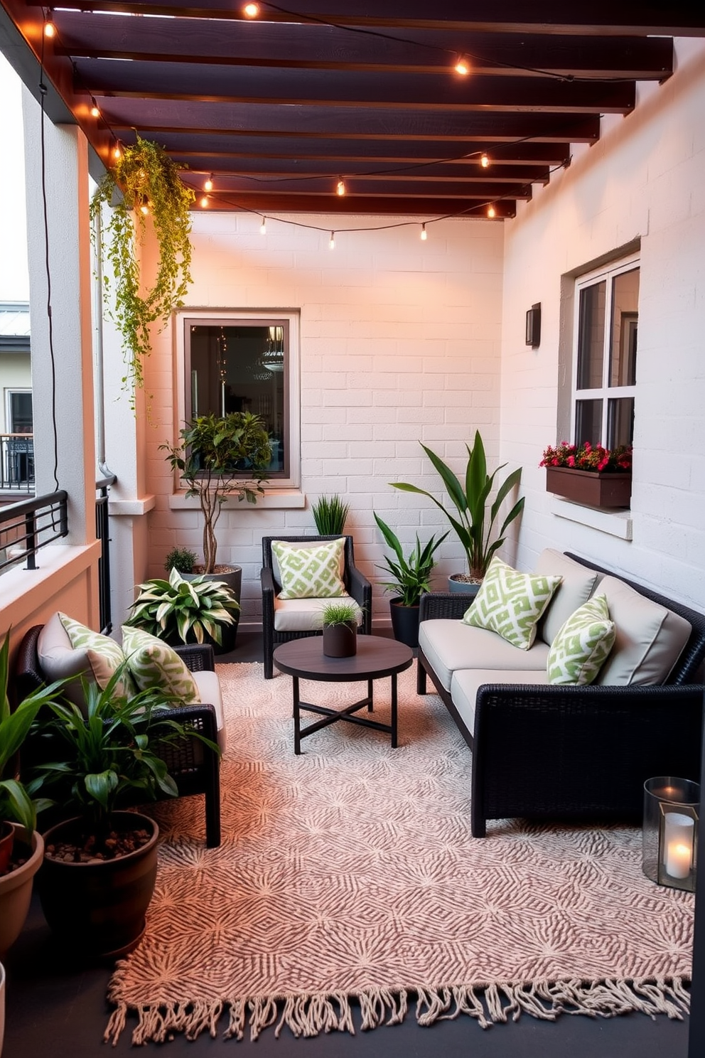 A stylish apartment patio featuring a cozy seating area with plush outdoor furniture. The space is defined by a large, textured rug that adds warmth and comfort, surrounded by potted plants and string lights for ambiance.