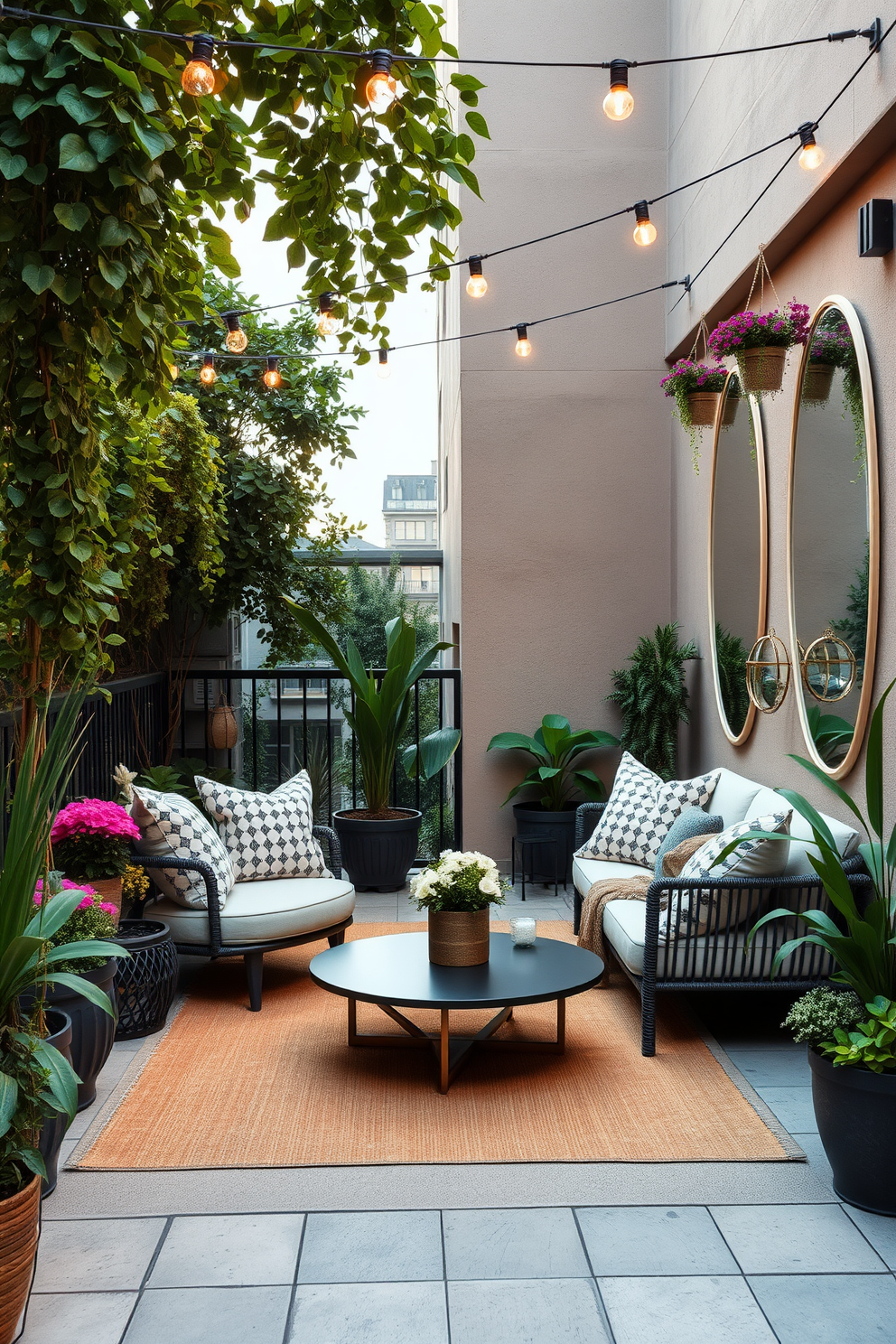 A stylish apartment patio featuring a cozy seating area with plush cushions and a modern coffee table. Lush greenery surrounds the space, with hanging plants and potted flowers adding vibrant color. Incorporate large mirrors on one wall to reflect the outdoor scenery, enhancing the sense of openness. Soft ambient lighting from string lights overhead creates a warm and inviting atmosphere for evening gatherings.