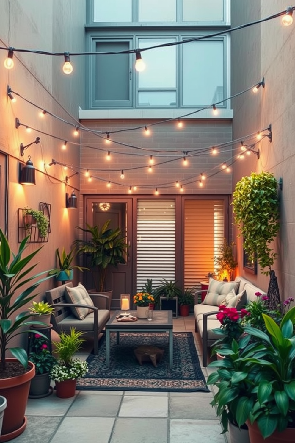 A cozy apartment patio designed for relaxation and entertainment. String lights are draped overhead, casting a warm glow over the space, complemented by comfortable seating and vibrant potted plants.