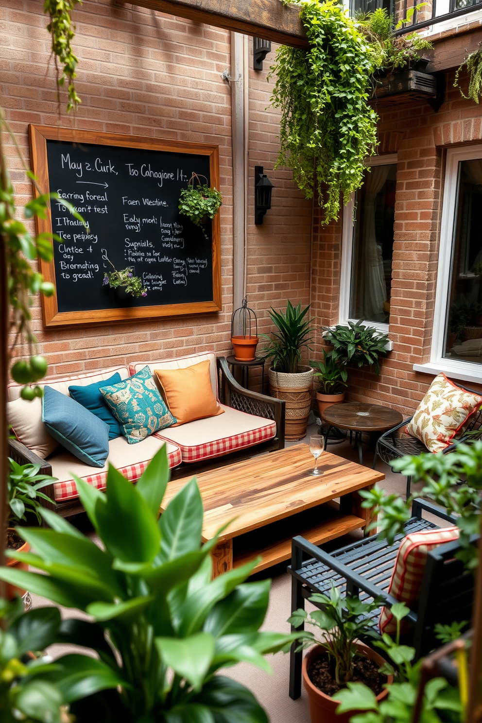 A stylish apartment patio designed for relaxation and entertainment. The space features a comfortable seating area with a sectional sofa adorned with colorful cushions and a low coffee table made of reclaimed wood. A large chalkboard is mounted on the wall for leaving messages and notes. Surrounding the patio are potted plants and hanging greenery, creating a vibrant and inviting atmosphere.