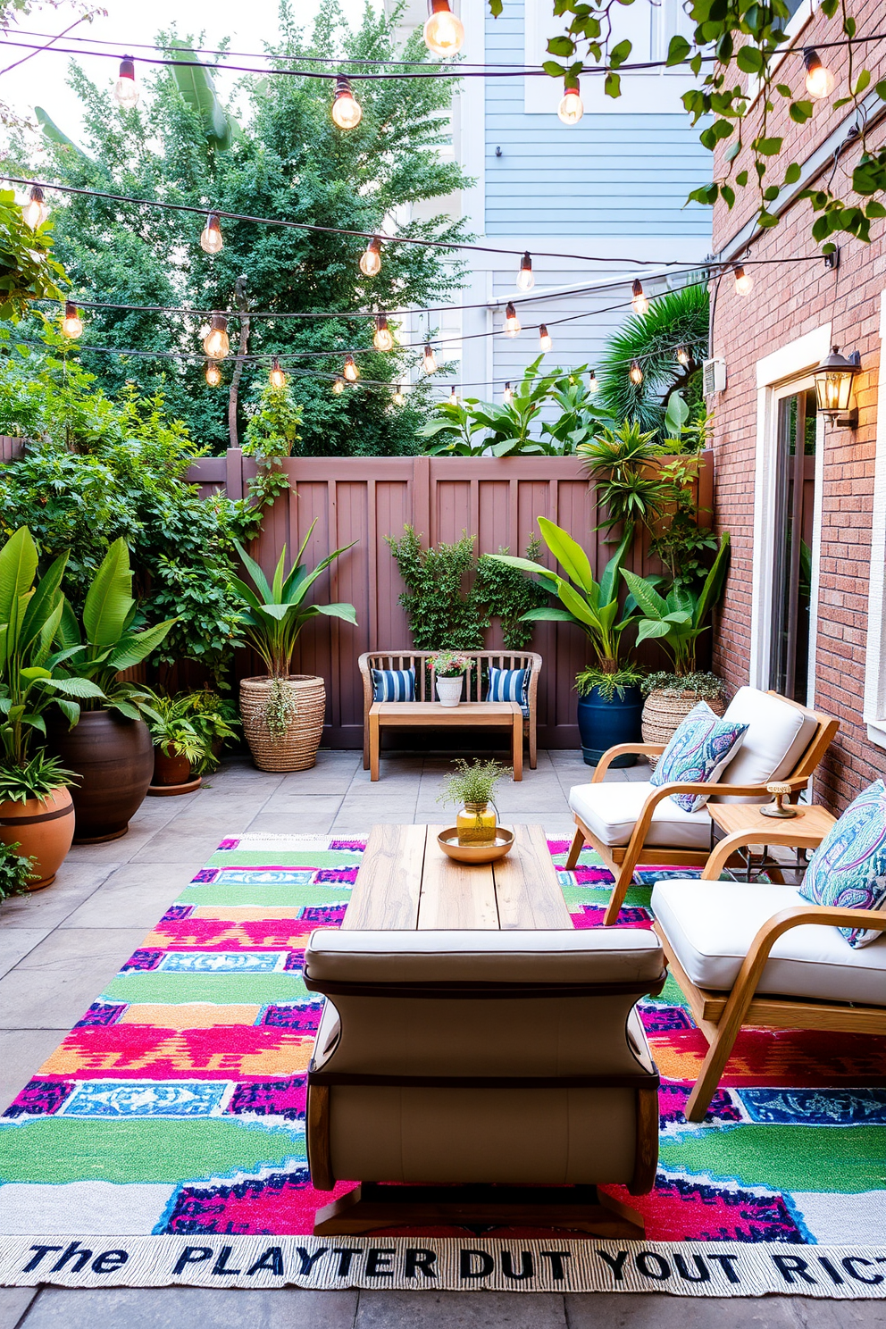 A stylish apartment patio featuring foldable furniture for versatility and comfort. The space includes a sleek, collapsible dining table surrounded by modern chairs, perfect for entertaining guests or enjoying a quiet meal outdoors. Lush greenery surrounds the patio, with potted plants adding a touch of nature. Soft outdoor lighting creates a warm ambiance for evening relaxation and gatherings.