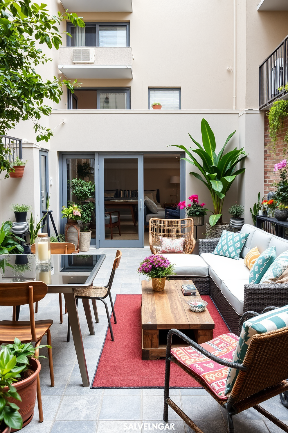 A cozy apartment patio featuring a stylish outdoor rug that adds warmth and texture to the space. The patio is adorned with comfortable seating arrangements, surrounded by potted plants and soft lighting for an inviting atmosphere.