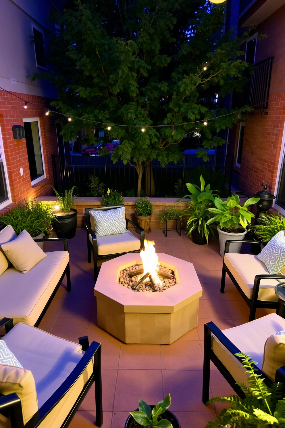 A cozy apartment patio featuring a small fire pit as the centerpiece surrounded by comfortable seating. The patio is adorned with potted plants and soft outdoor lighting creating an inviting atmosphere for relaxation and gatherings.