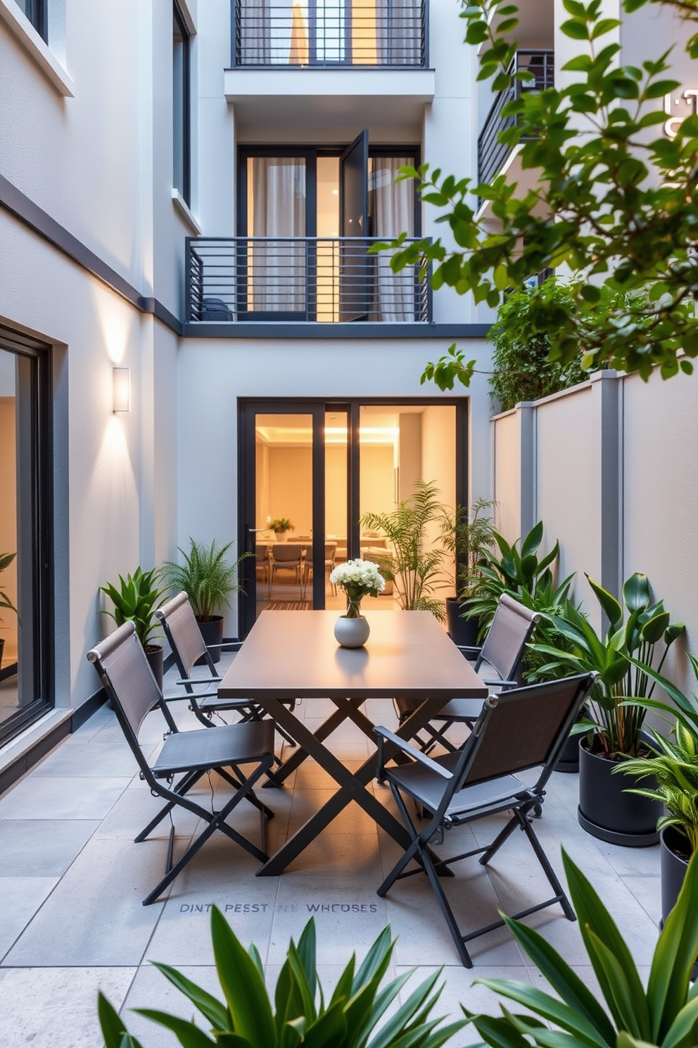 A cozy apartment patio featuring a small fire pit as the centerpiece. Surrounding the fire pit, there are comfortable outdoor seating options with plush cushions and a small coffee table.