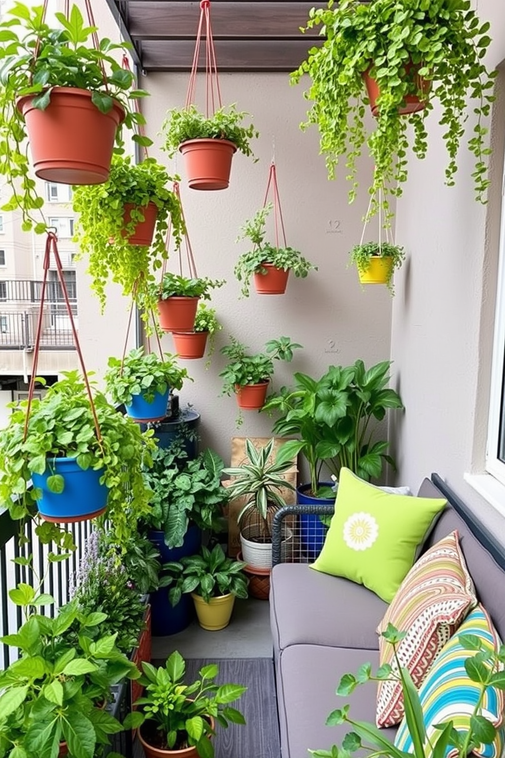 A stylish apartment patio featuring a mix of modern and rustic elements. Large planters filled with lush greenery line the edges, providing both privacy and a vibrant atmosphere. A cozy seating area includes a comfortable outdoor sofa adorned with colorful cushions. A sleek coffee table sits in the center, surrounded by smaller planters with blooming flowers for added charm.