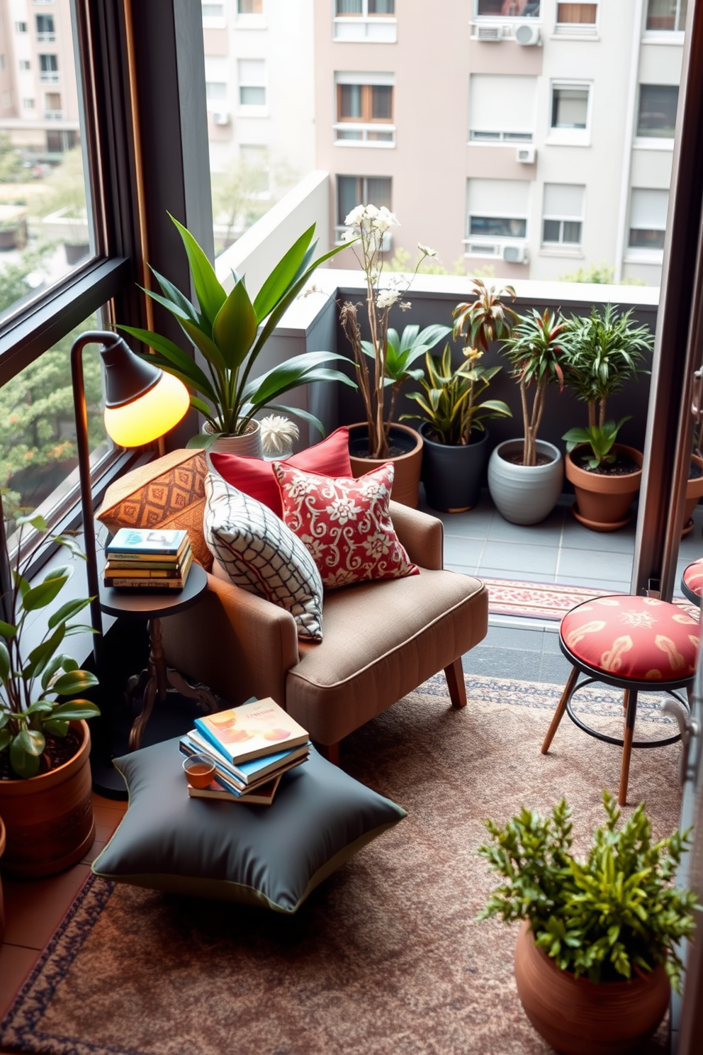 Create a cozy reading nook featuring a plush armchair surrounded by an array of colorful cushions. A small side table holds a stack of books and a steaming cup of tea, while a floor lamp provides warm, inviting light. Design an apartment patio that blends indoor and outdoor living with comfortable seating and lush greenery. Incorporate a stylish outdoor rug and decorative planters to create an inviting atmosphere for relaxation and social gatherings.