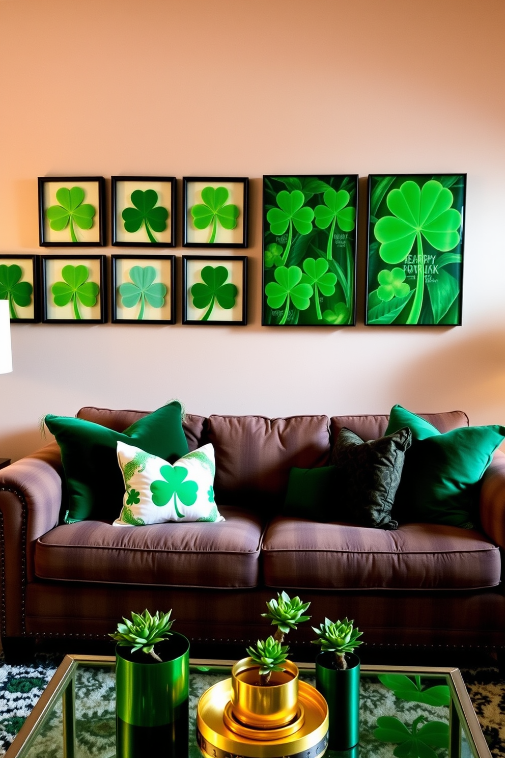 A vibrant living room adorned with green shamrock wall art captures the essence of St. Patrick's Day. The artwork is complemented by a cozy sofa with festive throw pillows and a coffee table decorated with gold accents and small potted plants.