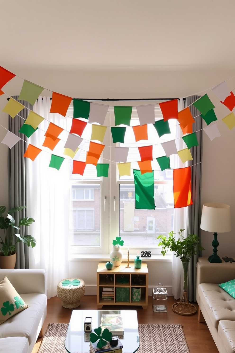 A festive apartment decorated for St. Patrick's Day features Irish flag bunting strung elegantly across the room. The vibrant green, white, and orange flags create a cheerful atmosphere, complemented by shamrock-themed accents on tables and walls.