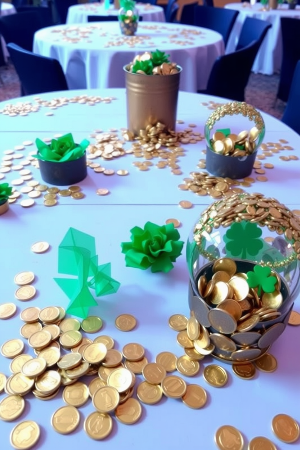 Decorative gold coins are scattered elegantly across various tables, creating a festive atmosphere. Each table features a different arrangement, showcasing the coins alongside green accents and themed decor for St. Patrick's Day.