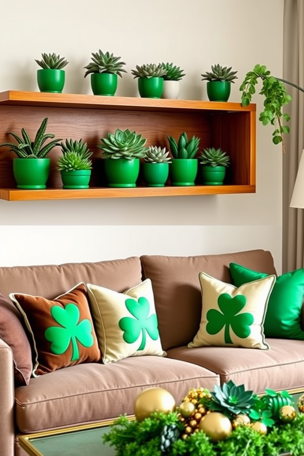 A vibrant display of succulent arrangements in various green pots is positioned on a sleek wooden shelf. The pots vary in size and texture, creating an inviting and lively atmosphere. For St. Patrick's Day, the apartment is adorned with festive decorations featuring shades of green and gold. Shamrock garlands hang from the walls, and small potted clovers are placed on the tables to enhance the celebratory spirit.