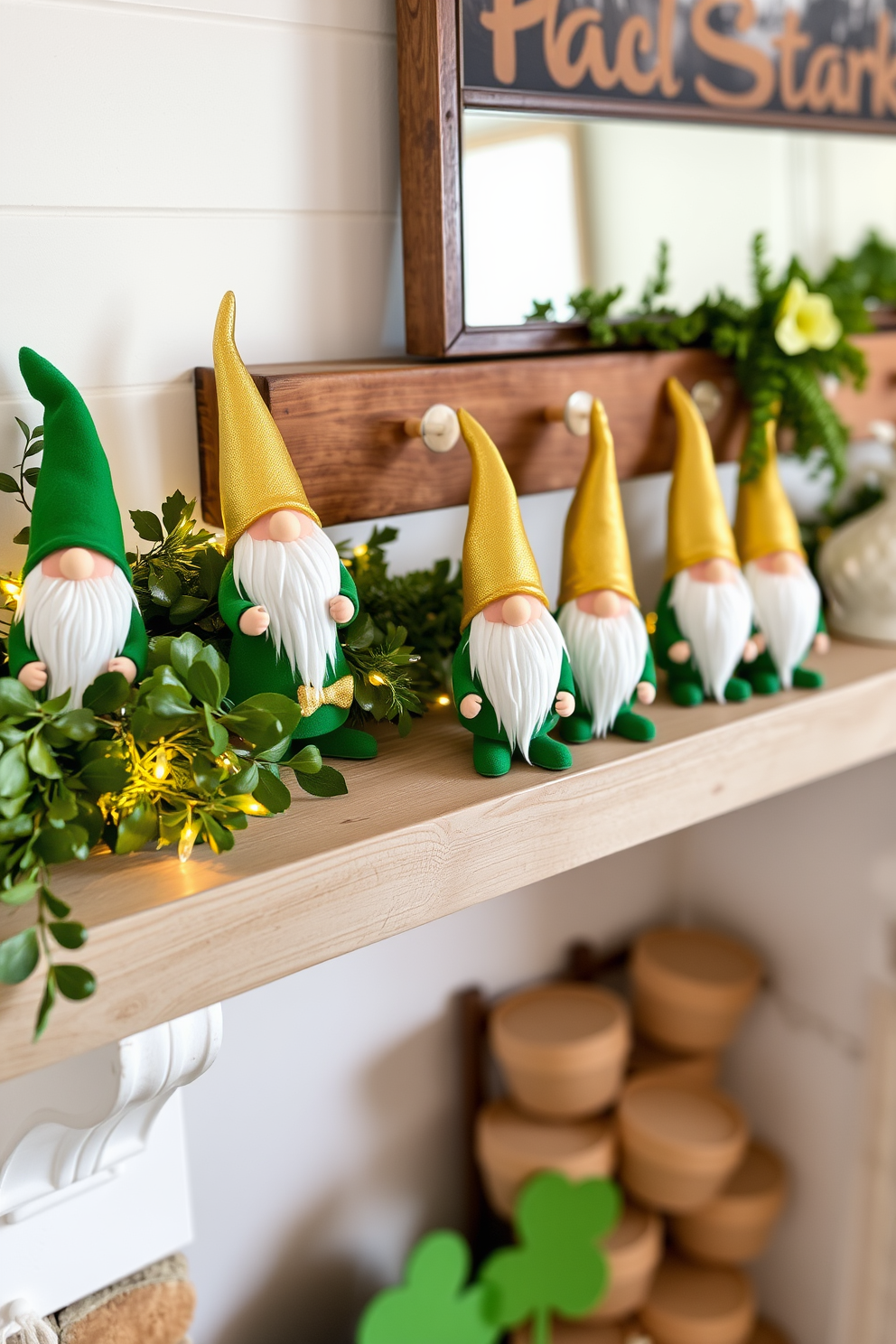 Whimsical gnome figurines are playfully arranged on a rustic mantel, bringing a touch of charm and cheer to the space. The gnomes are adorned in vibrant green and gold outfits, perfectly capturing the spirit of St. Patrick's Day. The mantel is decorated with lush greenery and twinkling fairy lights, creating a festive atmosphere. A backdrop of soft white walls enhances the colorful display, making the gnomes the focal point of the room.