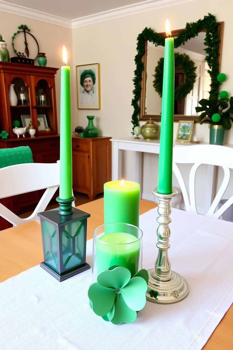 A cozy apartment setting adorned for St. Patrick's Day. Green candles in decorative holders are placed on the dining table, creating a warm and inviting atmosphere.