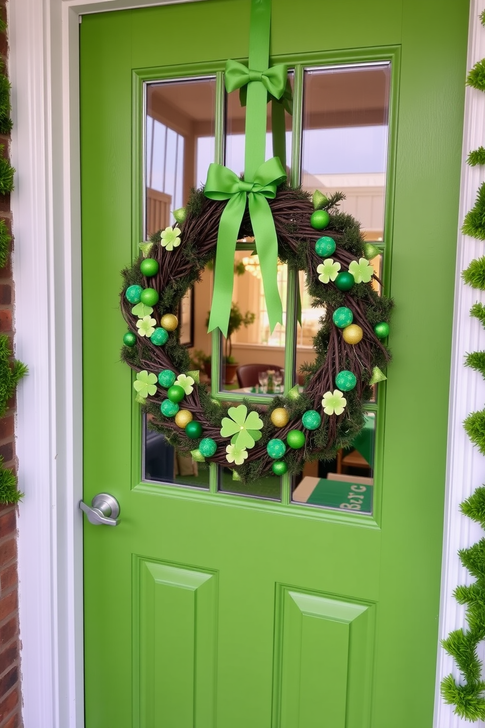 A charming St. Patrick's Day themed wreath hangs on the front door, adorned with green ribbons, shamrocks, and a touch of gold. The door itself is painted a vibrant shade of green, inviting guests to celebrate the festive occasion. Inside the apartment, cheerful decorations fill the space with St. Patrick's Day spirit. Green table runners, festive garlands, and playful accents create a warm and inviting atmosphere for gatherings.