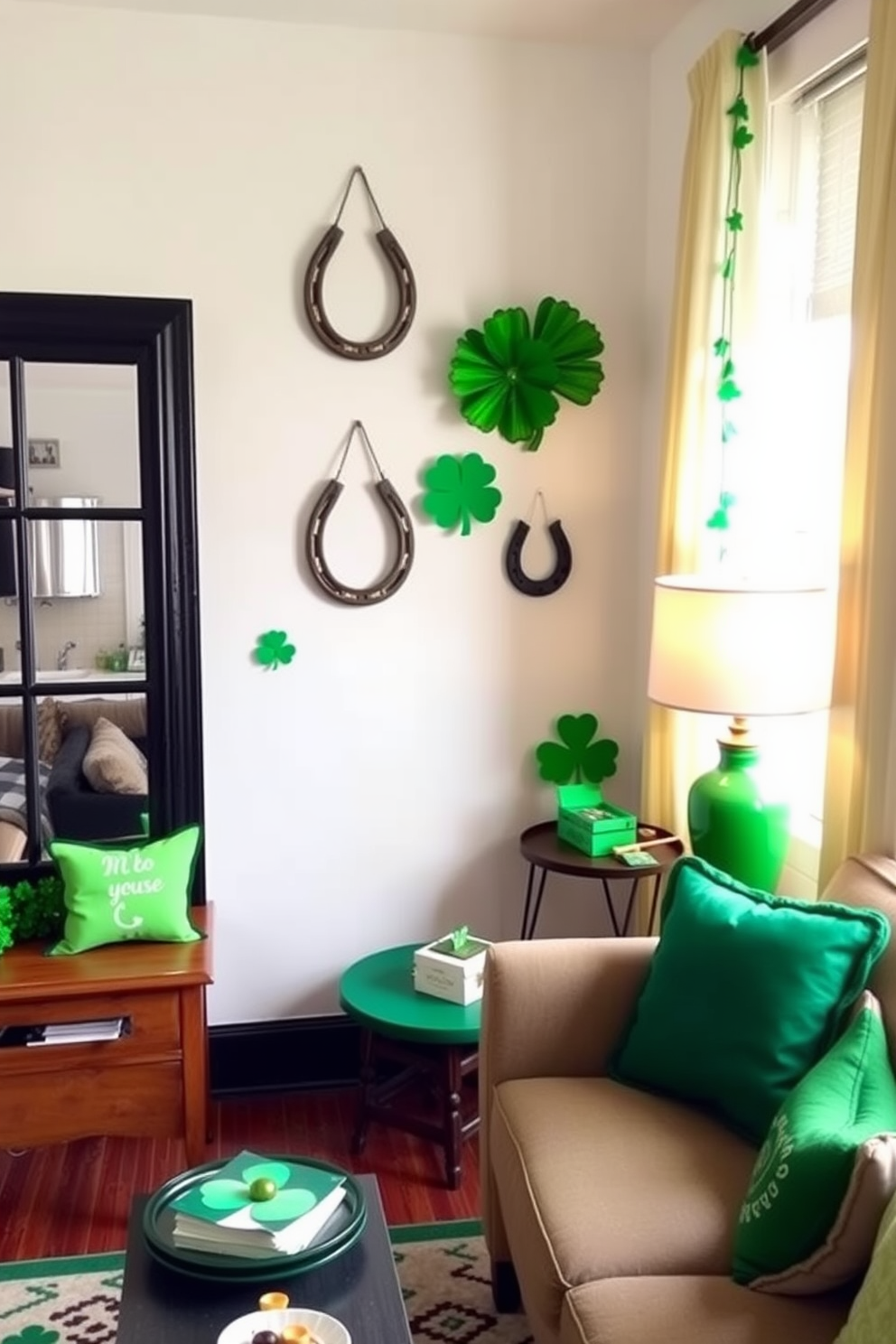 Create a charming apartment interior featuring lucky horseshoe wall hangings. The decor reflects a festive St. Patrick's Day theme, with vibrant green accents and playful shamrock motifs throughout the space.