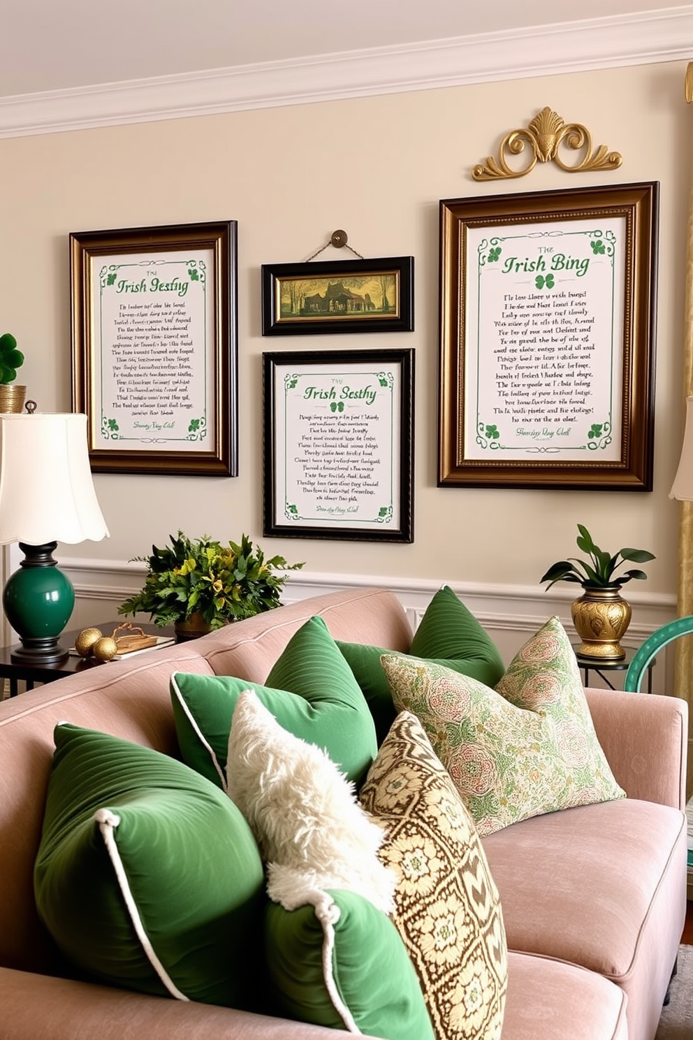 A cozy apartment adorned with framed quotes about luck and Ireland. The walls are decorated in soft shades of green, creating a festive atmosphere for St. Patrick's Day. On a rustic wooden shelf, various quotes are elegantly framed, capturing the spirit of the holiday. A cheerful display of shamrocks and gold accents complements the decor, enhancing the festive charm.