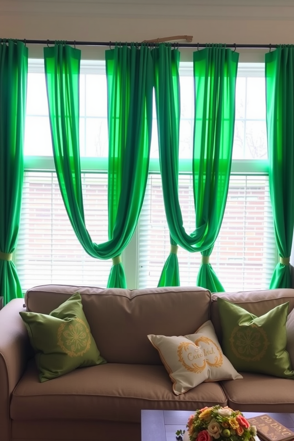 Bright green curtains drape elegantly across the windows, adding a festive touch to the living space. The curtains are complemented by decorative pillows in shades of gold and white, creating a cheerful atmosphere for St. Patrick's Day celebrations.