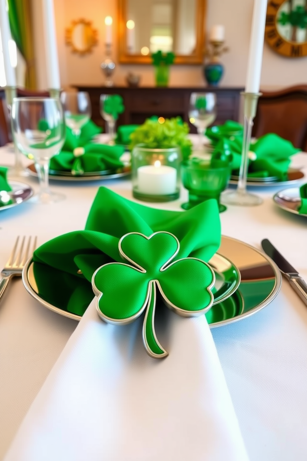 A festive table centerpiece adorned with lush greenery. The arrangement features a mix of vibrant green foliage, delicate white flowers, and small gold accents, all set on a rustic wooden table. For St. Patrick's Day decorating ideas, incorporate elements like shamrock-themed napkins and gold-toned tableware. Add candles in green glass holders to create a warm and inviting atmosphere.