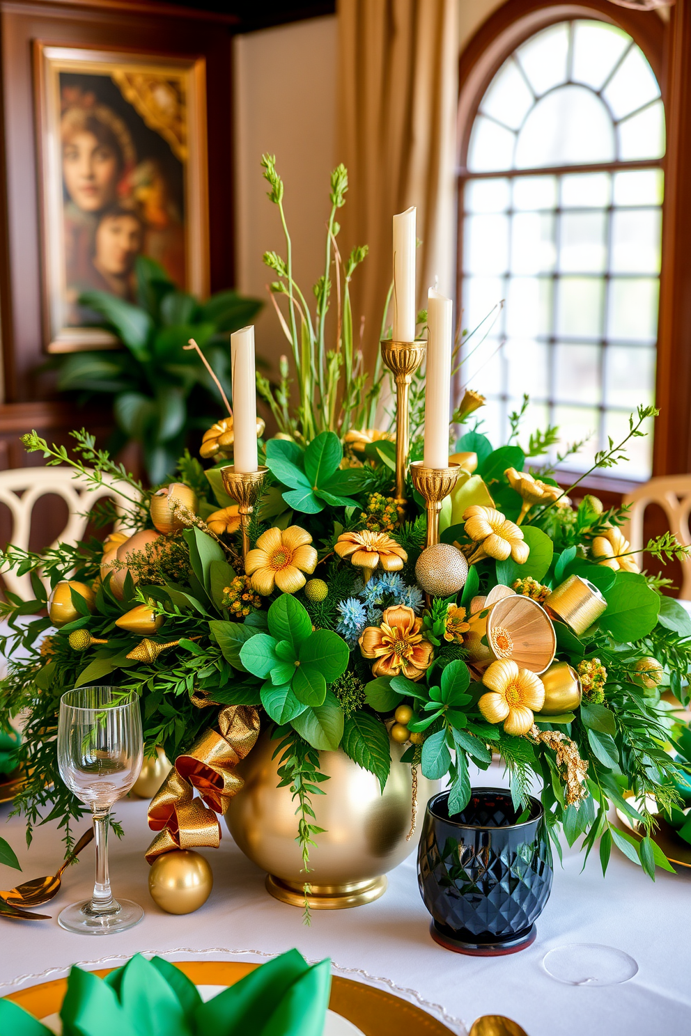 A stunning table centerpiece featuring a mix of gold and green elements. The arrangement includes lush greenery, golden accents, and seasonal decorations that evoke the spirit of St. Patrick's Day.