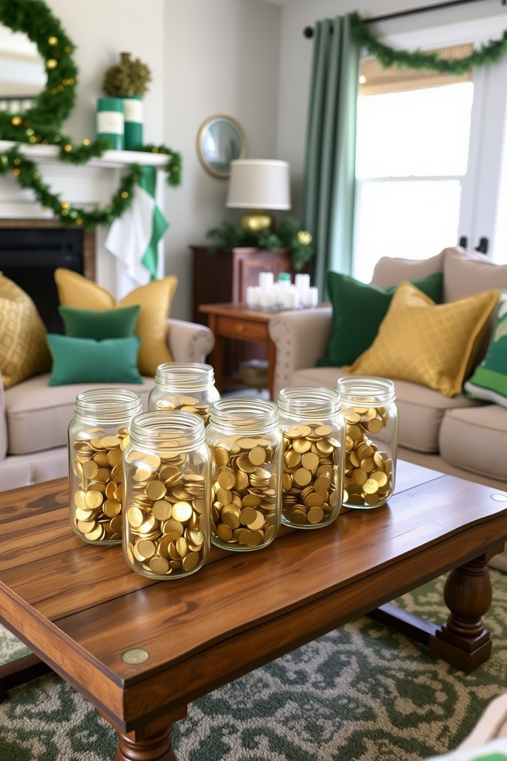 A cozy living room decorated for St. Patrick's Day features decorative glass jars filled with shiny gold coins arranged on a rustic wooden coffee table. Green and gold accents are scattered throughout the space, including plush throw pillows and a festive garland draped over the mantel.