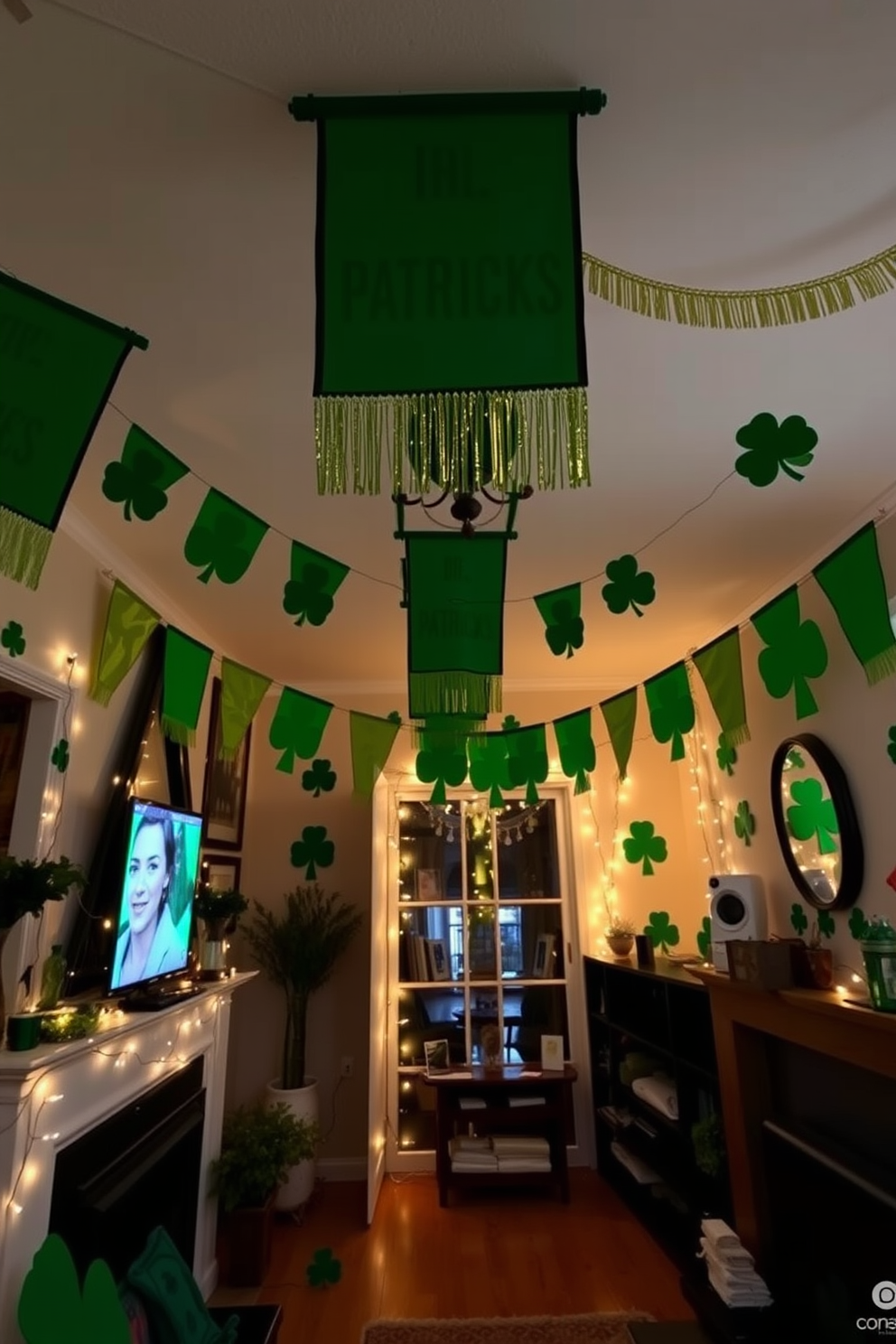 A lively apartment decorated for St. Patrick's Day features festive banners hanging from the ceiling in shades of green and gold. The walls are adorned with shamrock motifs and twinkling fairy lights create a warm, inviting atmosphere.