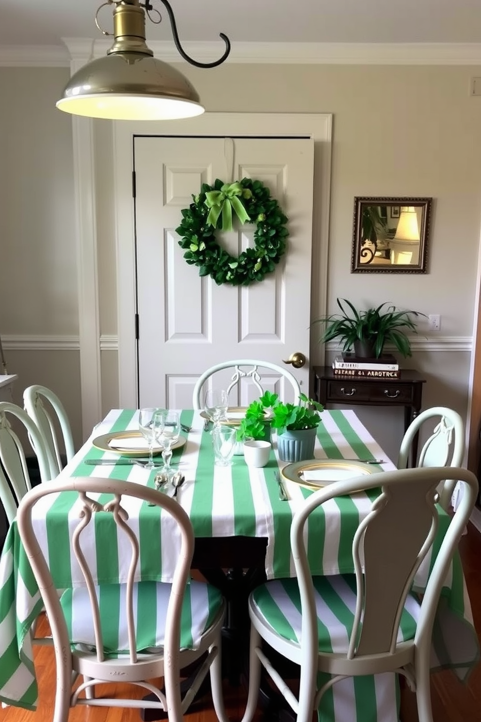 A cozy dining area featuring a table adorned with green and white striped tablecloths. The table is set with elegant dinnerware and surrounded by mismatched vintage chairs that add character to the space. In the background, a festive St. Patrick's Day wreath hangs on the door, and small potted shamrocks decorate the table. Soft lighting from a nearby pendant fixture creates a warm and inviting atmosphere for the celebration.