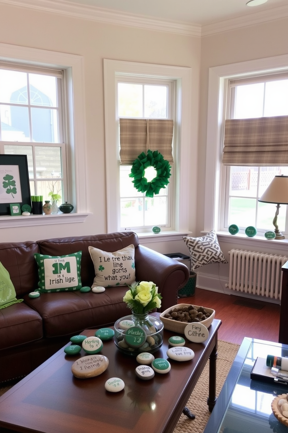 A cozy kitchen setting adorned with tea towels featuring vibrant St. Patrick's Day motifs. The walls are painted a soft cream, and the countertops are topped with fresh herbs in decorative pots, creating a festive atmosphere. In the living area, green and gold accents are incorporated through cushions and throws on a plush sofa. A charming centerpiece made of shamrocks and candles rests on a rustic wooden coffee table, enhancing the holiday spirit.