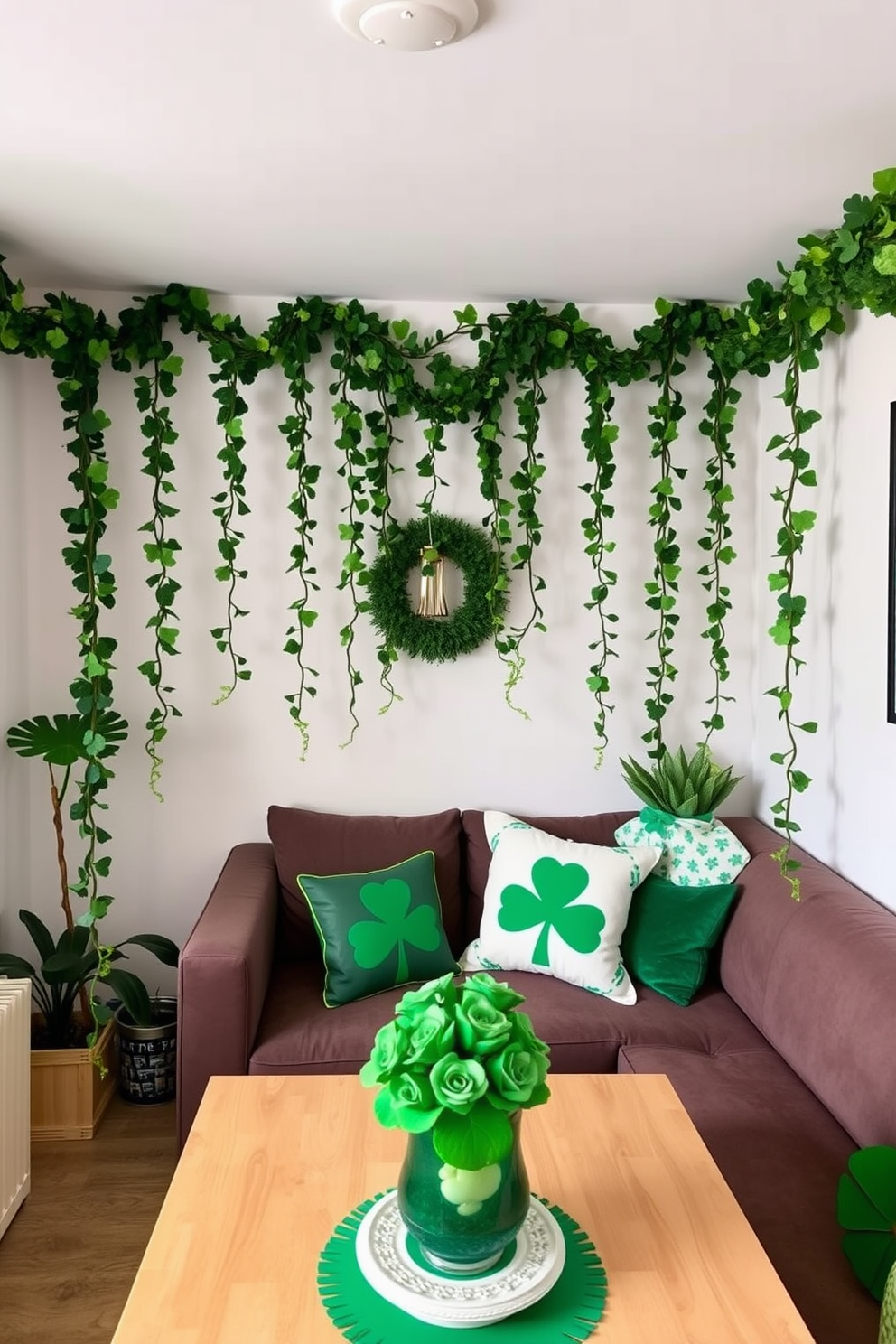 Create a vibrant apartment setting adorned with colorful banners celebrating St. Patrick's Day. The walls are decorated with green and gold accents, and festive decorations like shamrocks and leprechauns are placed throughout the space.