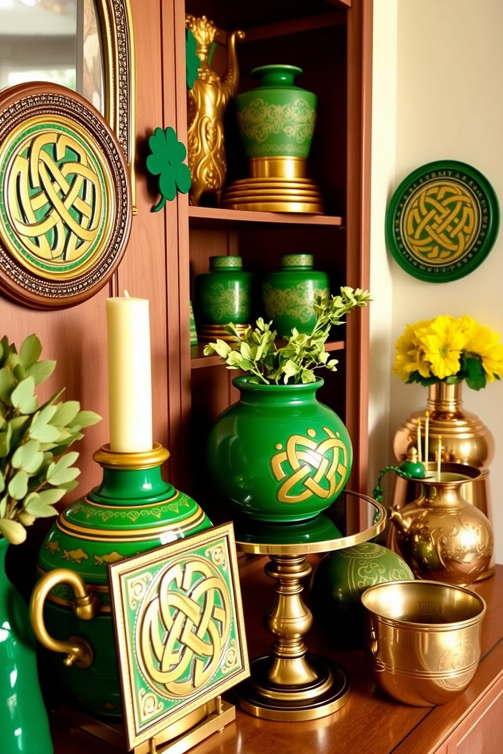 A stylish living room setup featuring decorative trays filled with themed snacks for St. Patrick's Day. The trays are adorned with green and gold accents, showcasing a variety of treats such as shamrock-shaped cookies and chocolate coins.