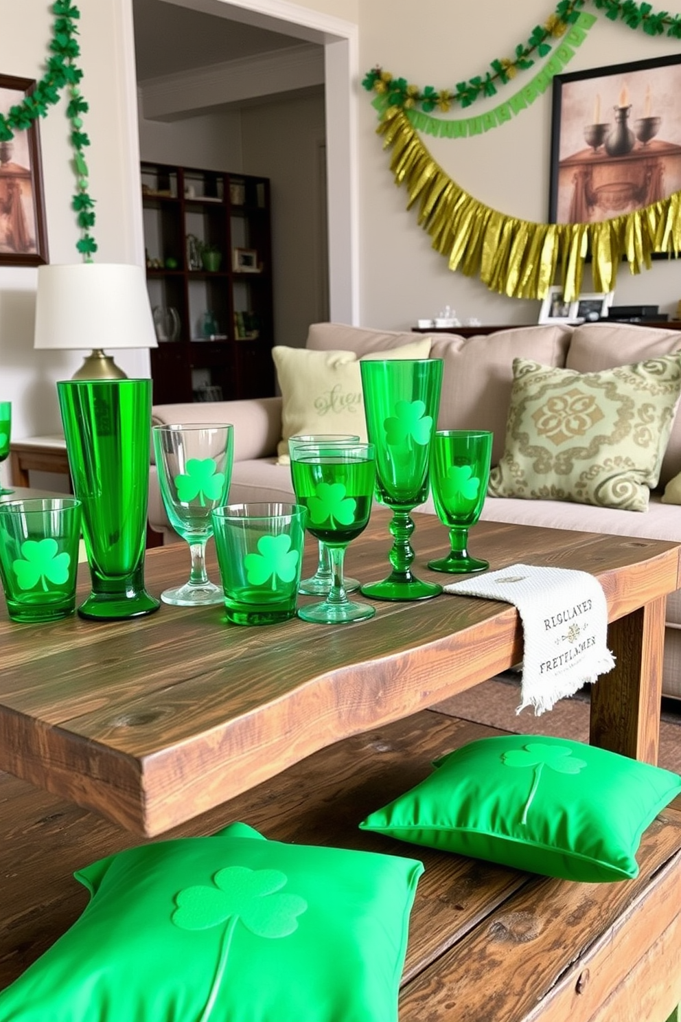 A collection of festive drinkware for St. Patrick's Day is displayed on a rustic wooden table. The drinkware features vibrant green hues and playful shamrock designs, perfect for celebrating the holiday. The apartment is adorned with cheerful St. Patrick's Day decorations, including garlands of green and gold. Cushions with Celtic patterns are scattered on the couch, creating a warm and inviting atmosphere.