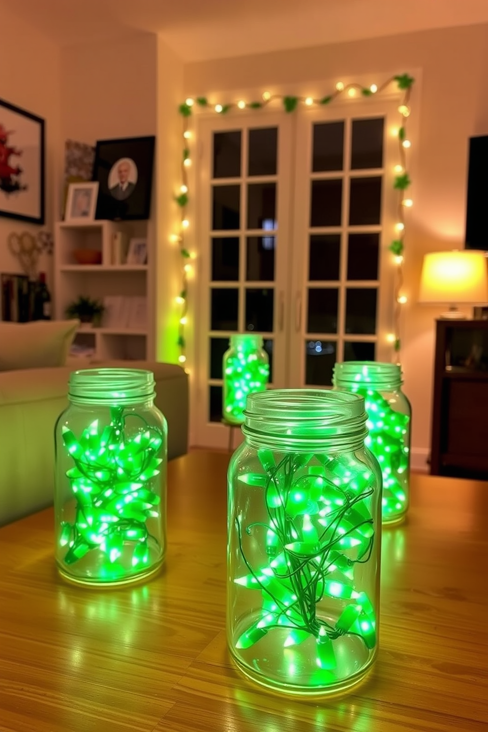 A cozy apartment setting adorned with green fairy lights placed inside glass jars. The warm glow of the lights creates a festive atmosphere, perfect for St. Patrick's Day celebrations.