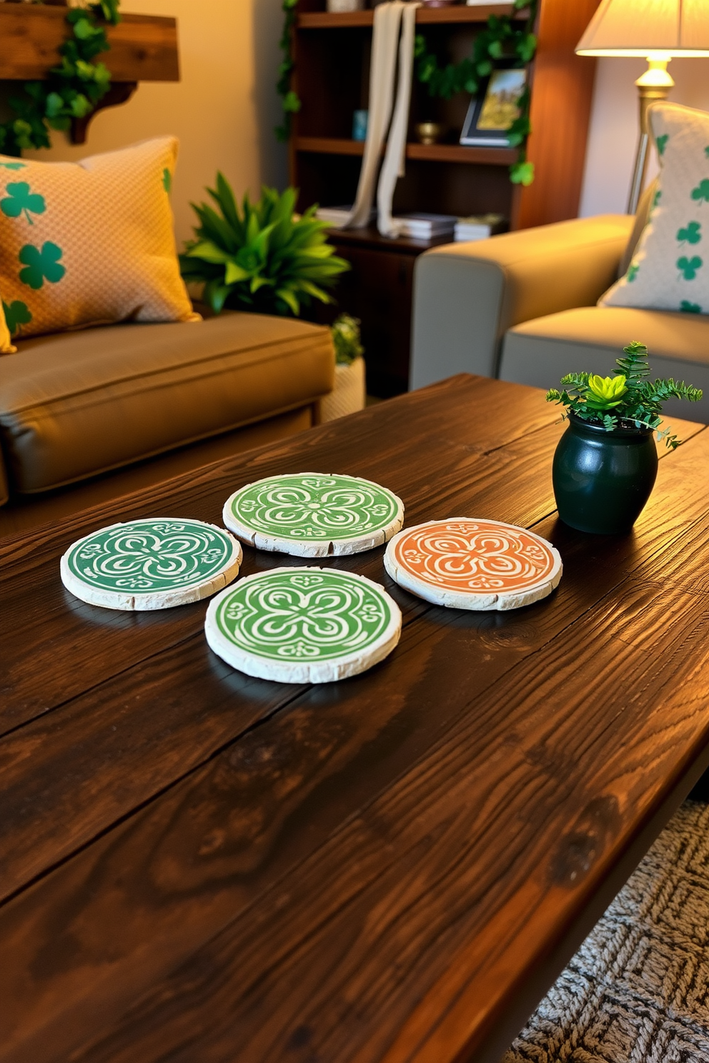 Create a cozy kitchen setting featuring a collection of festive mugs for hot beverages. The mugs are adorned with cheerful St. Patrick's Day designs, including shamrocks and leprechauns, arranged on a wooden shelf. In the background, a vibrant green tablecloth is draped over a small dining table. Fresh flowers in a vase and decorative elements like gold coins and small pots of gold enhance the festive atmosphere.