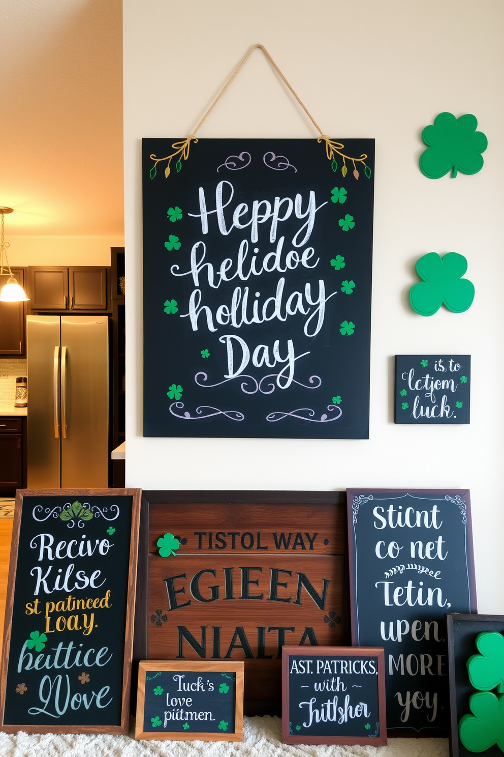 Chalkboard signs with festive holiday greetings are a charming addition to any space. These signs can be creatively designed with colorful chalk and surrounded by seasonal decorations to enhance the holiday spirit. For St. Patrick's Day, consider incorporating green accents and shamrock motifs into your decorations. The chalkboard can feature cheerful messages that celebrate the holiday while complementing the overall decor of your apartment.