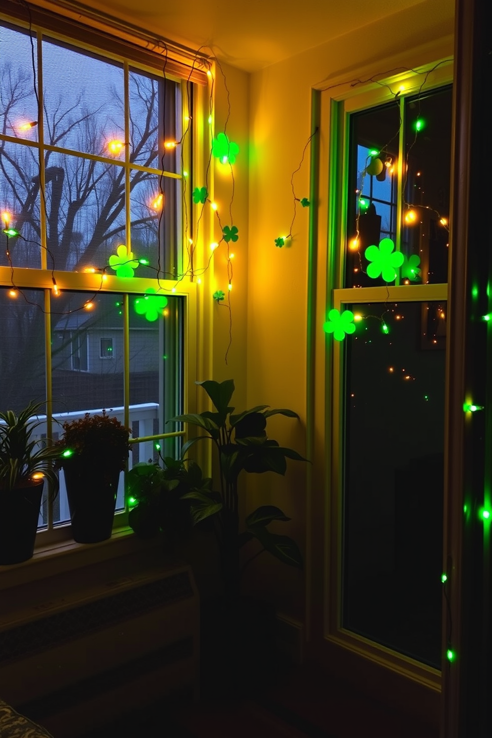 A cozy apartment adorned for St. Patrick's Day. Festive string lights are draped across the windows, casting a warm glow that enhances the cheerful atmosphere.