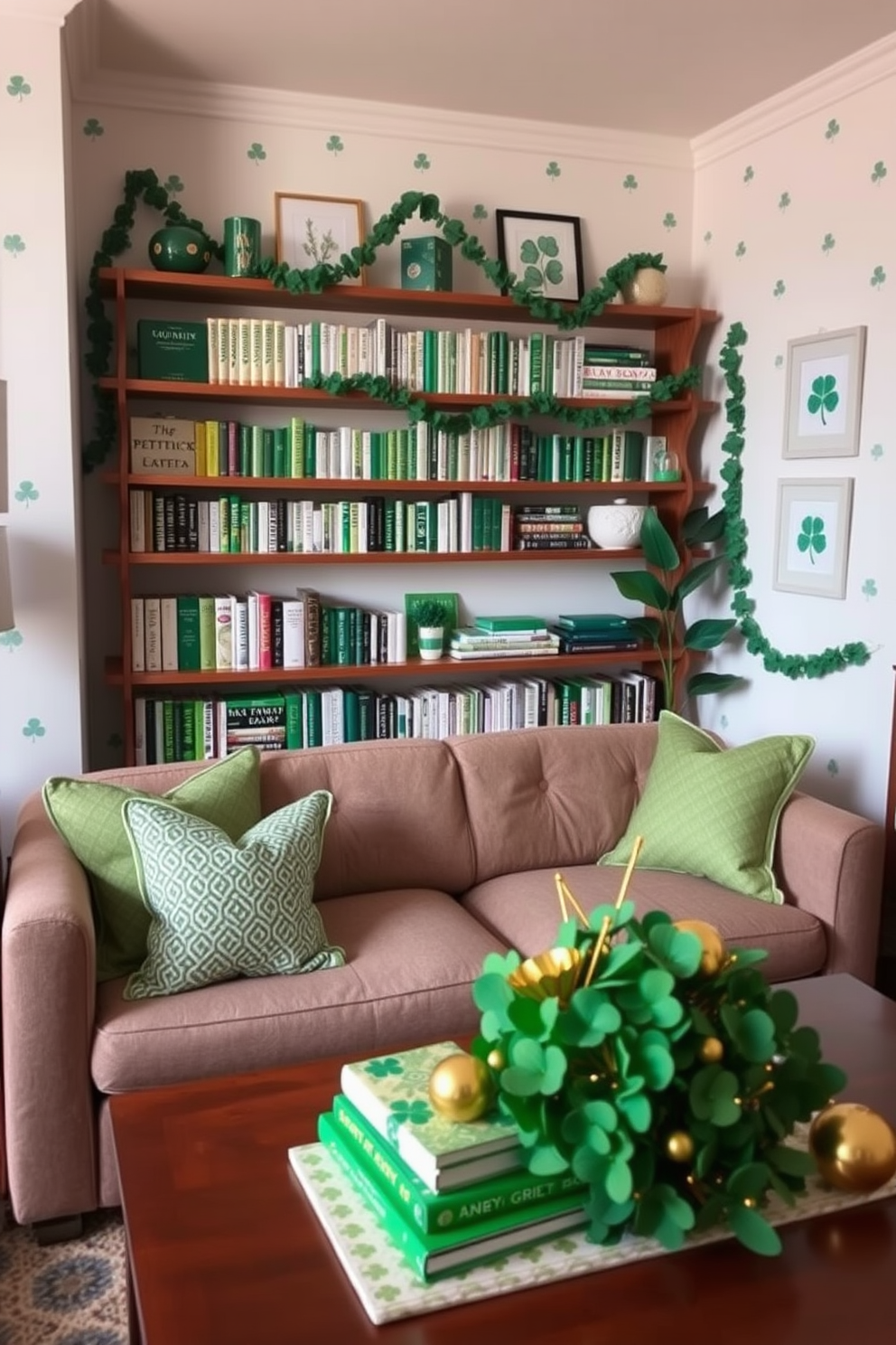 A cozy living room filled with green-themed books displayed on stylish wooden shelves. The walls are adorned with subtle botanical prints, creating a refreshing atmosphere. For St. Patrick's Day, the apartment features charming decorations like shamrock garlands and green throw pillows. A festive table centerpiece includes a mix of gold and green elements, adding a touch of elegance to the celebration.