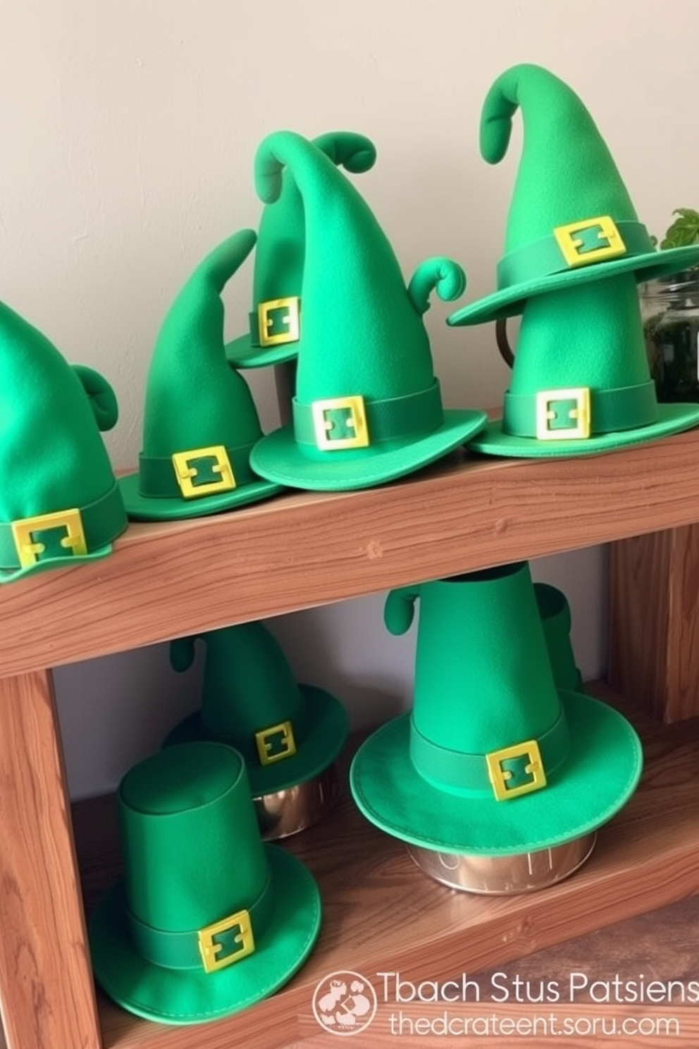 A charming display of DIY leprechaun hats arranged on rustic wooden shelves. The hats are crafted from green felt and adorned with gold buckles, adding a festive touch to the cozy apartment decor for St. Patrick's Day.