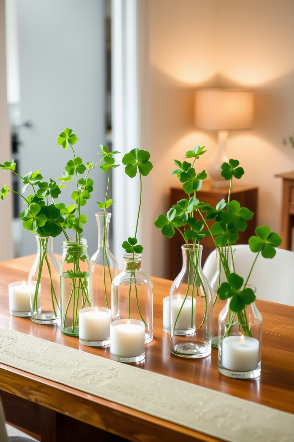 A collection of clear glass vases filled with fresh clovers sits elegantly on a wooden dining table. The vibrant green of the clovers adds a festive touch to the room, perfect for St. Patrick's Day celebrations. Each vase varies in height and shape, creating an interesting visual display. Soft white candles are arranged around the vases, enhancing the cozy atmosphere of the apartment.