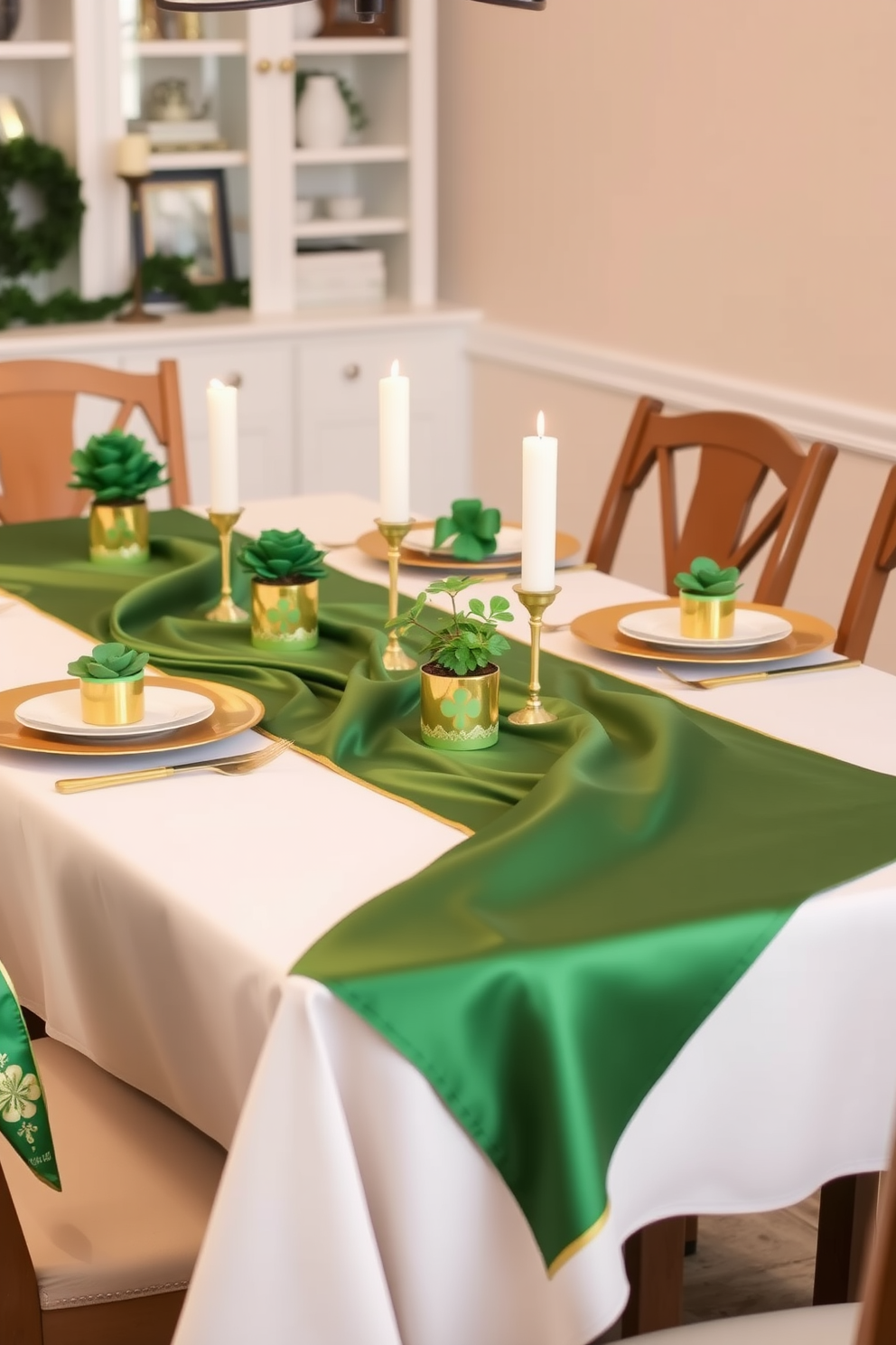 A stylish dining table set for St. Patrick's Day features elegant green and gold table runners draping gracefully across the surface. The table is adorned with festive decorations including small potted shamrocks and gold-accented dinnerware, creating a warm and inviting atmosphere.