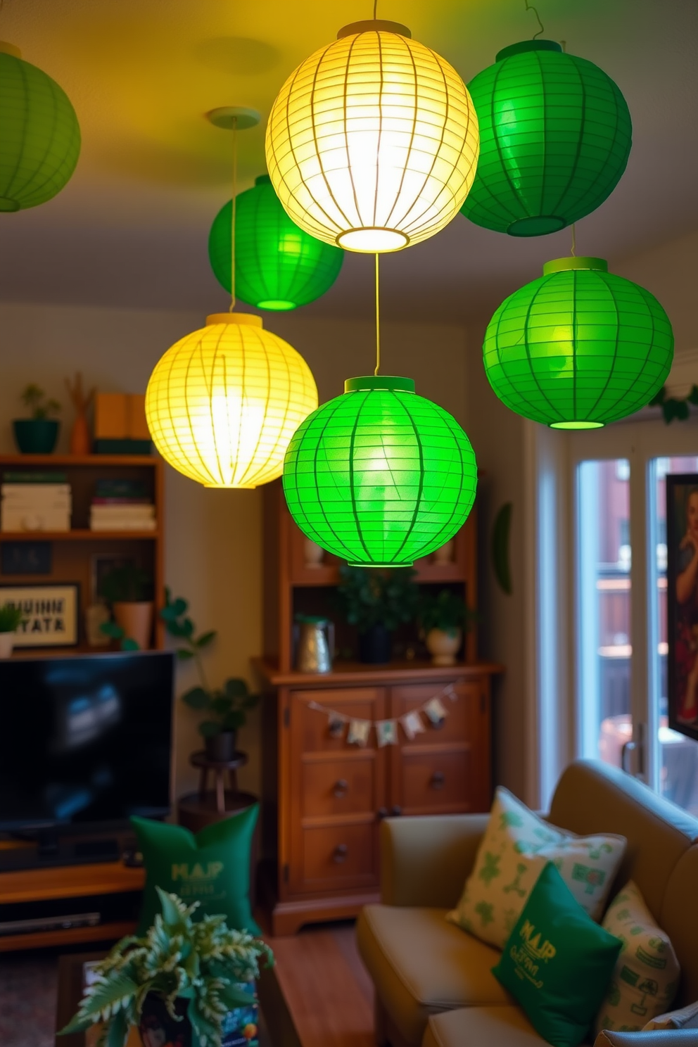 A cozy living room adorned with gold glittered candle holders placed elegantly on various tables. The ambiance is enhanced with festive decorations that celebrate St. Patrick's Day, featuring green accents and shamrock motifs throughout the space.