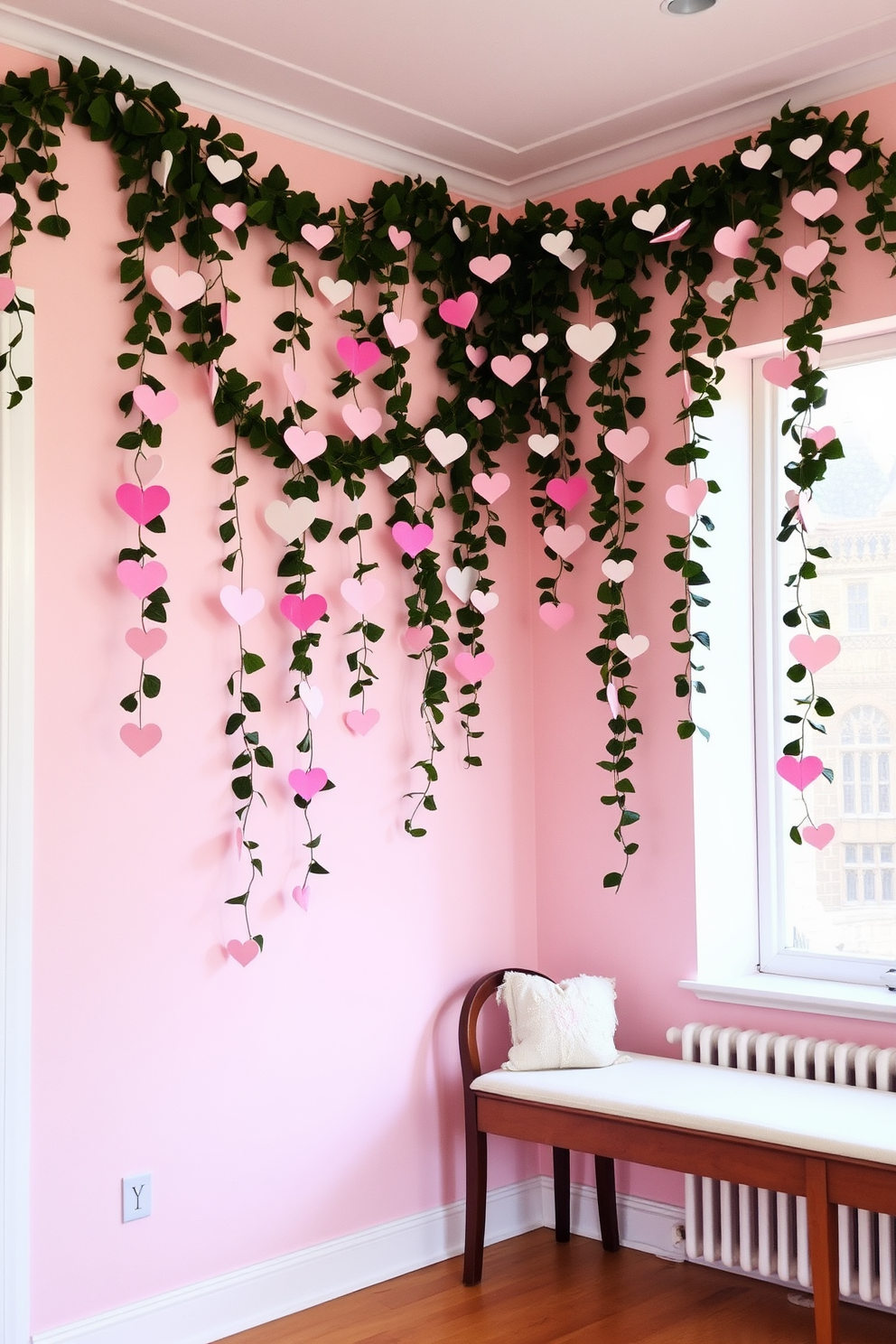 Heart-shaped garlands elegantly drape across the walls creating a romantic atmosphere. Soft pastel colors enhance the warmth of the space, inviting love and joy into the room.